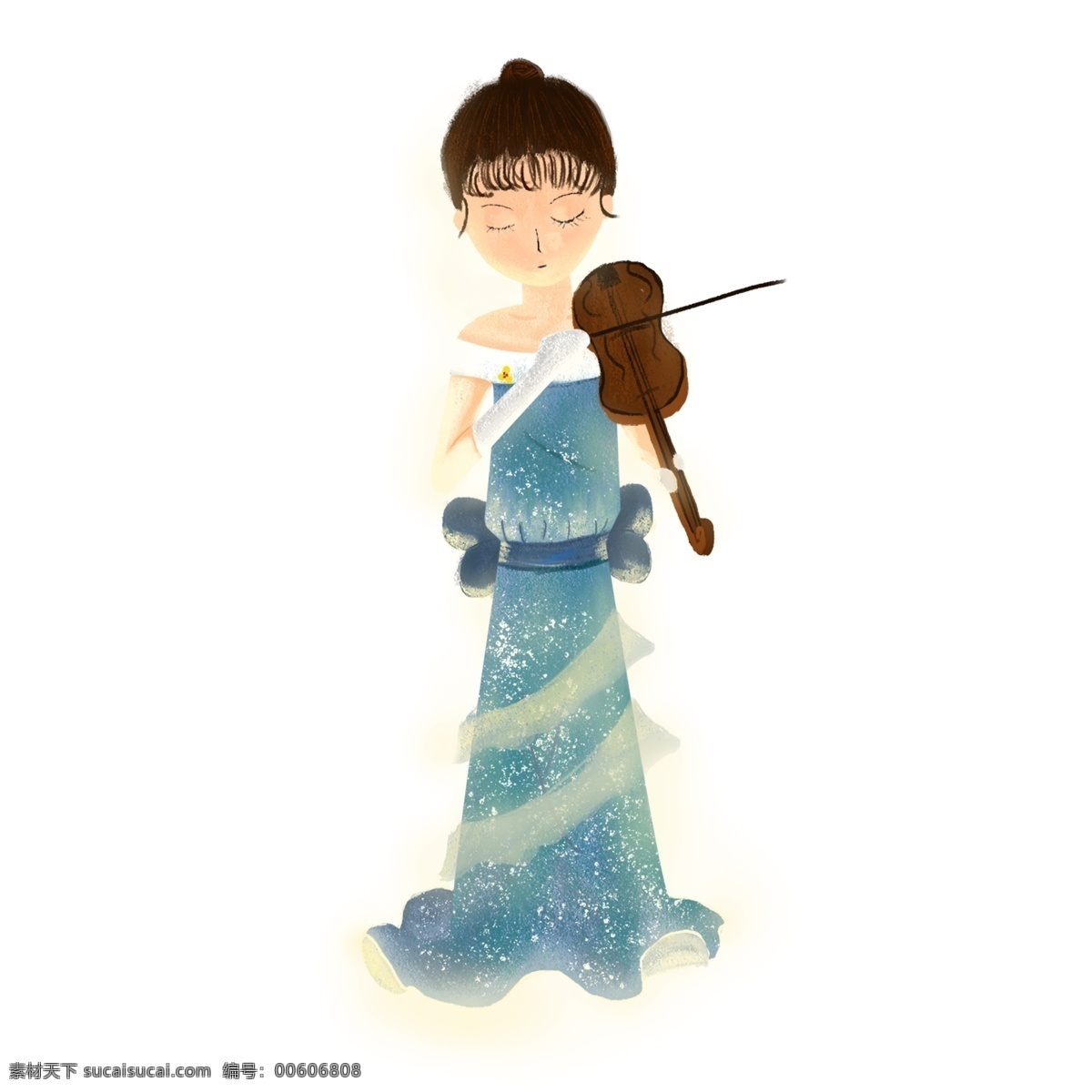手绘 简约 女孩 拉 提琴 原创 元素 音乐 卡通 小提琴 蓝色 设计元素 美丽 裙子 原创元素