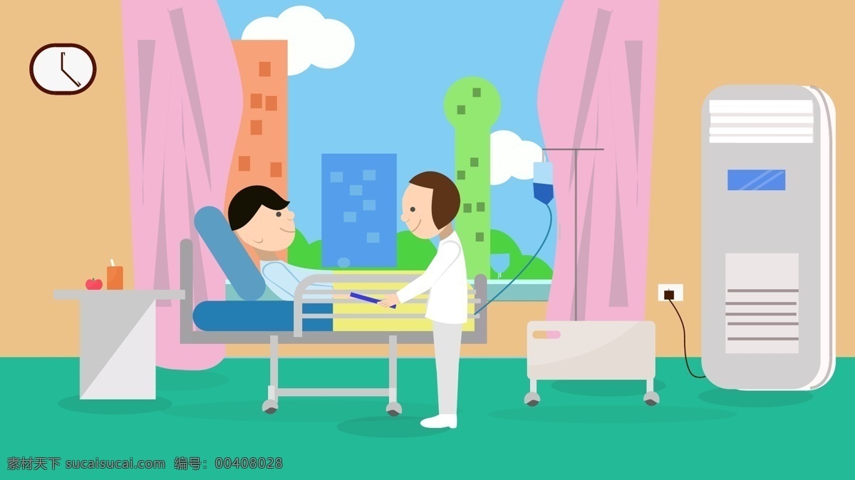 醫(yī)生 病房 詢問 病人 病情 人物 場景 扁平 風(fēng)格 插畫 空調(diào) 鐘表 醫(yī)生辛苦啦 扁平風(fēng)格 柜子