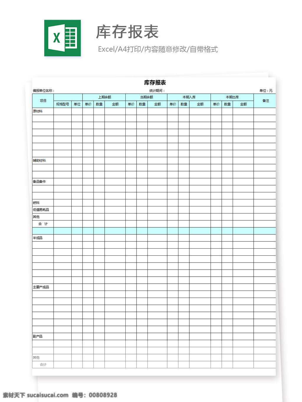 库存报表 原材料 辅助材料 备品备件 低值易耗品 上期余额 金额 单价