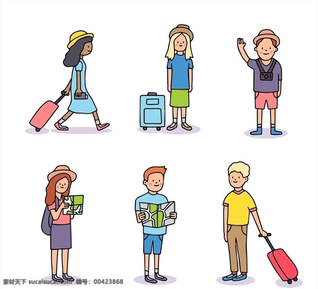 创意 旅行 人 行李箱 男子 女子 招手 背包 源文件 矢量 高清图片