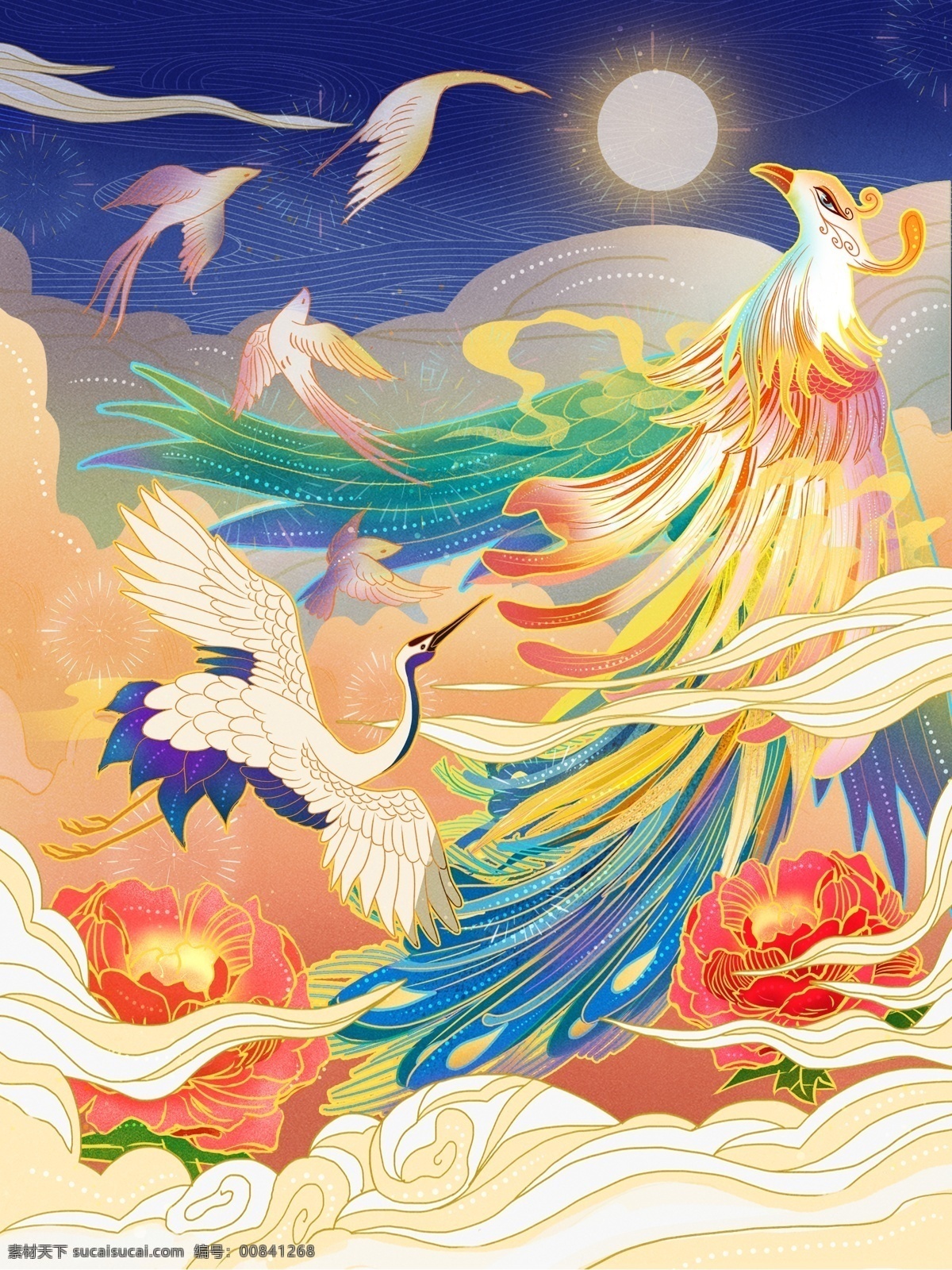 中國風 百鳥朝鳳 鳳凰 插畫 百鳥朝鳳圖 手繪 鳥 彩繪 月亮 分層