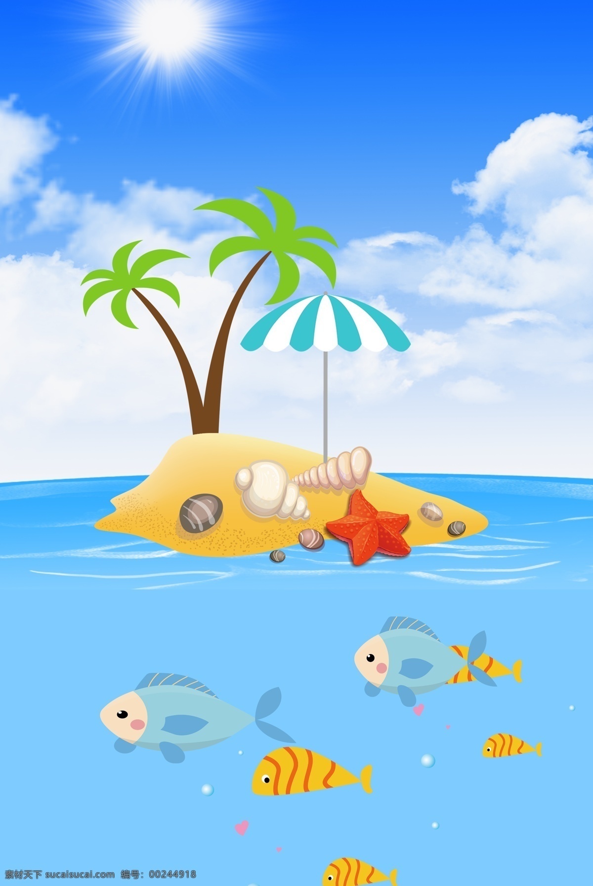 夏天 海上 小岛 海鱼 贝壳 海报 背景 海上小岛 海岛 大海 鱼群 海报背景