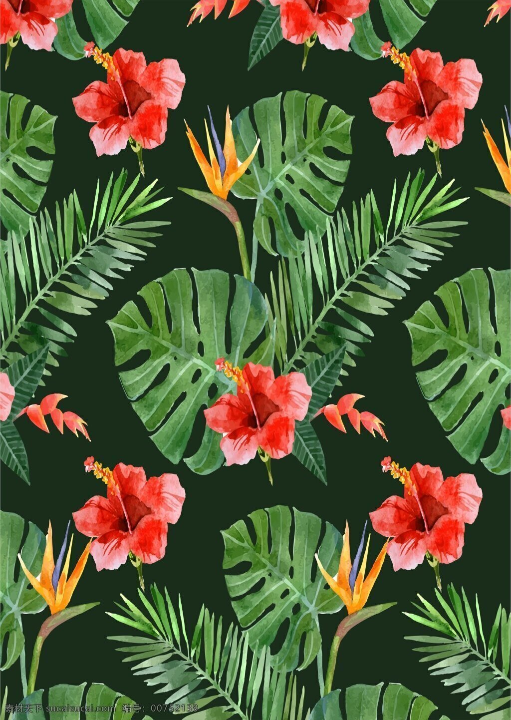 热带 风情 大 树叶 植物 广告 背景 橙红色花朵 大树叶 广告背景 深绿色底纹 植物花卉