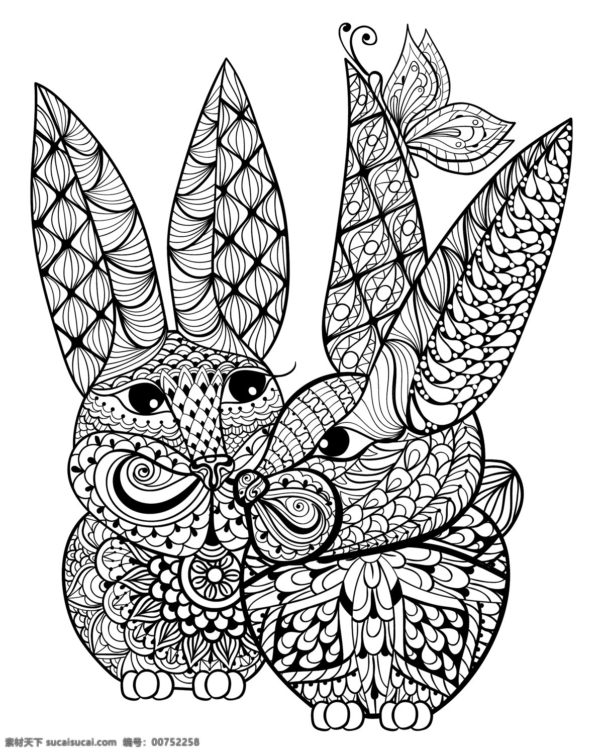 插画 动物 花纹 可爱 兔子 艺术 两 只