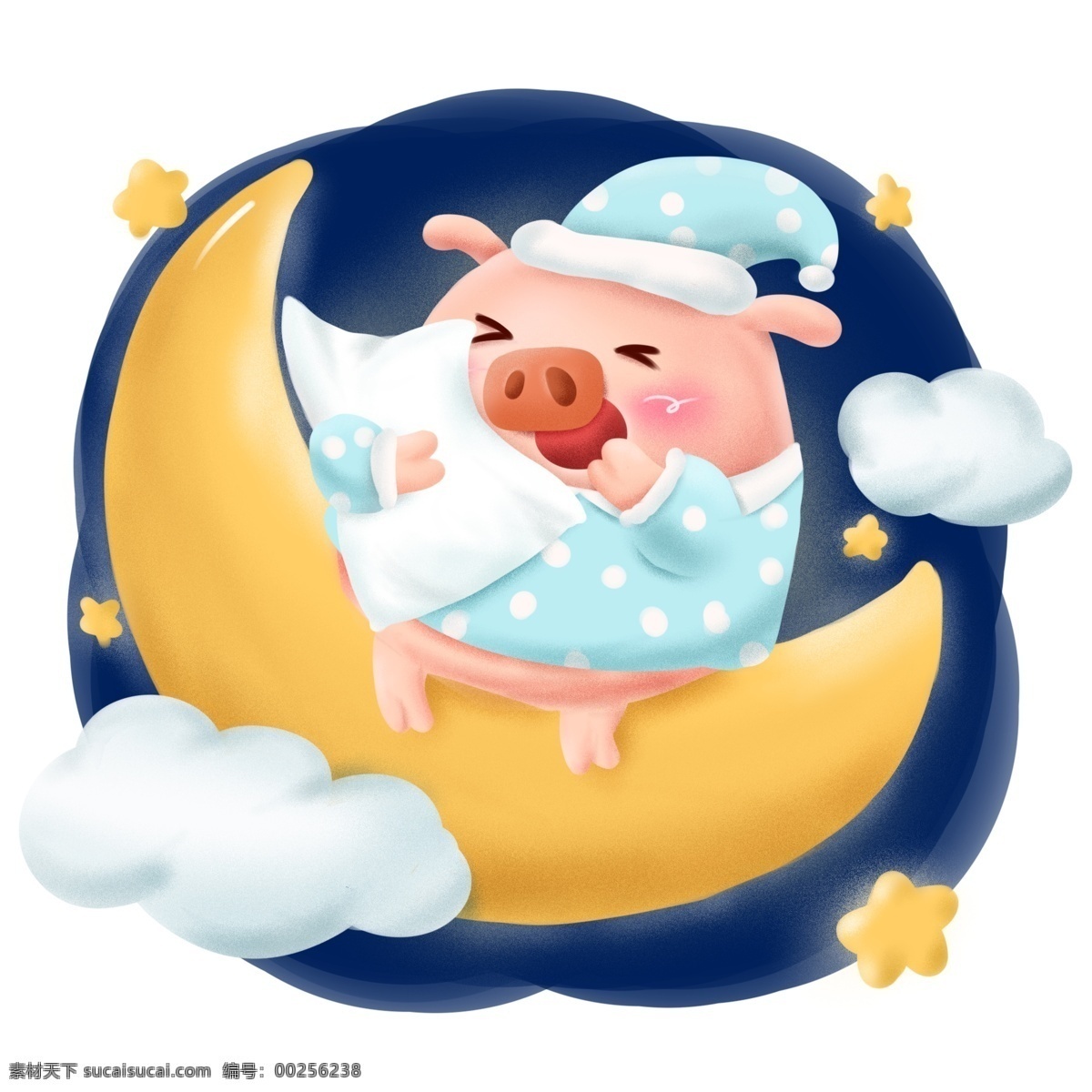 手绘 猪年 动物 形象 生活 日常 睡觉 晚安 商用 白云 星星 可爱 插画 小猪 夜晚 月亮 休息 卡通 元素 配图