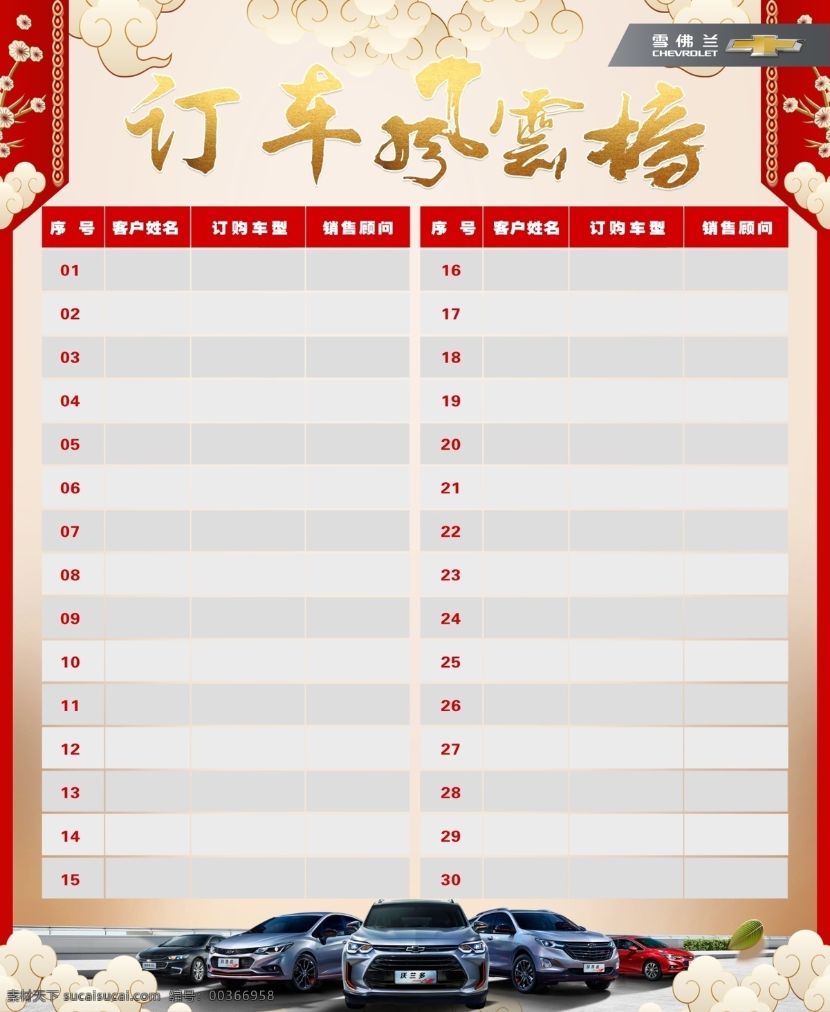 訂車風(fēng)云榜 訂車 定車 祥云 金色 紅色 雪佛蘭