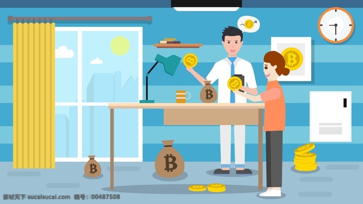 金融 比特 幣 宣傳 辦公室 窗戶 比特幣 推銷 矢量圖