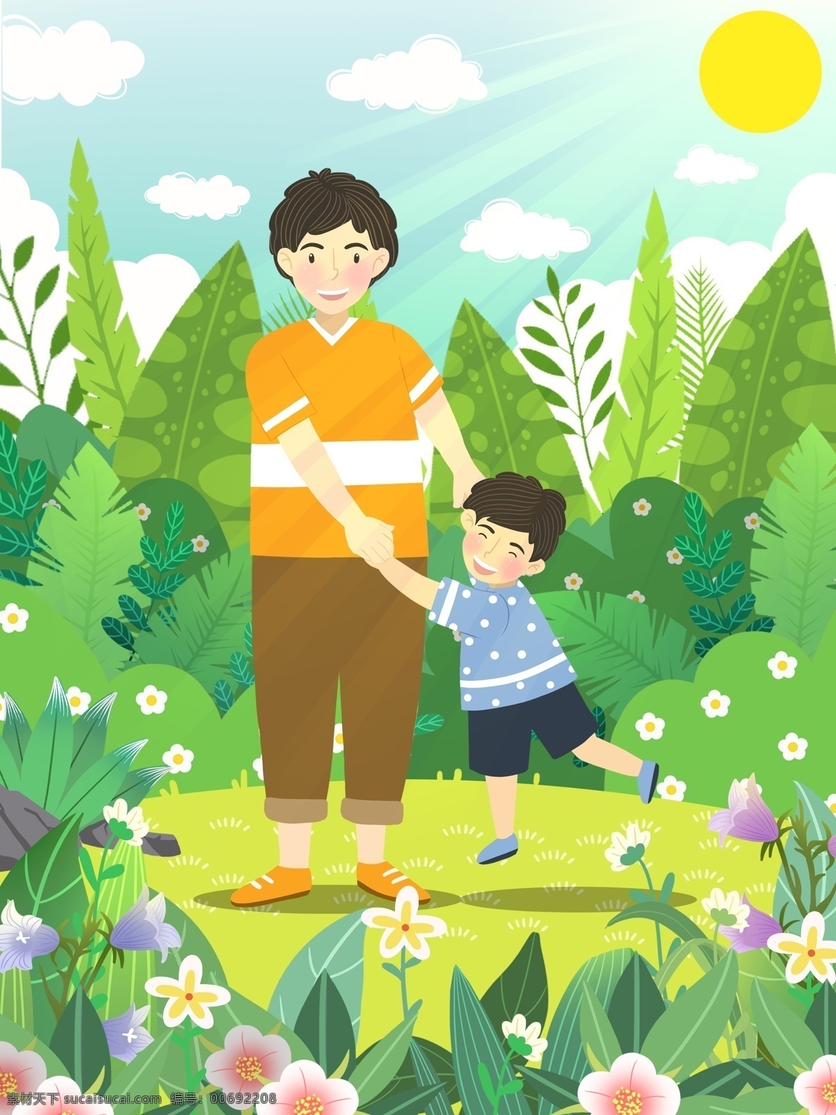 父親節(jié) 陽光 下 父子 愉快 嬉戲 插畫 6月 草地 云 花 植物 葉子 男孩 石頭 可愛 壁紙 包裝 手機(jī)圖