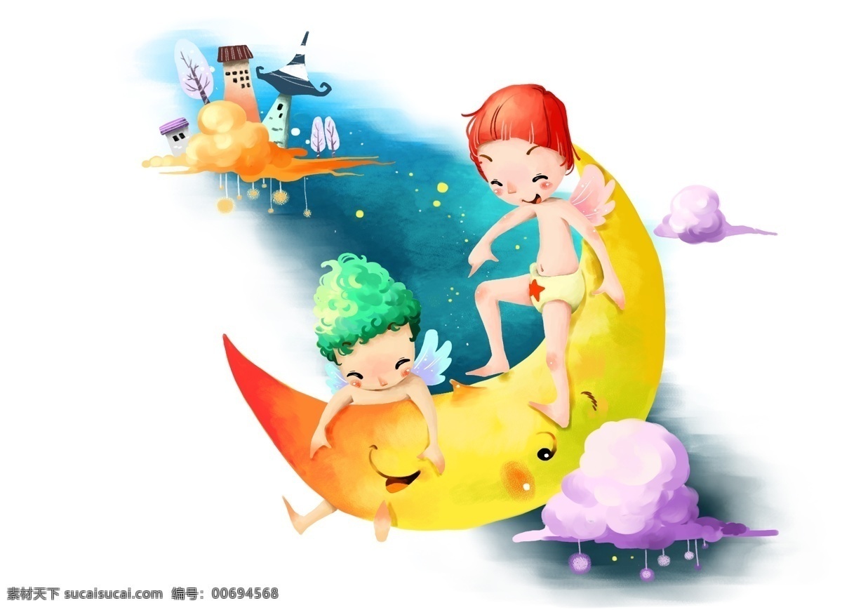 月亮之上 彩绘人物 童话 手绘 插画 人物 童趣 节日素材 源文件库