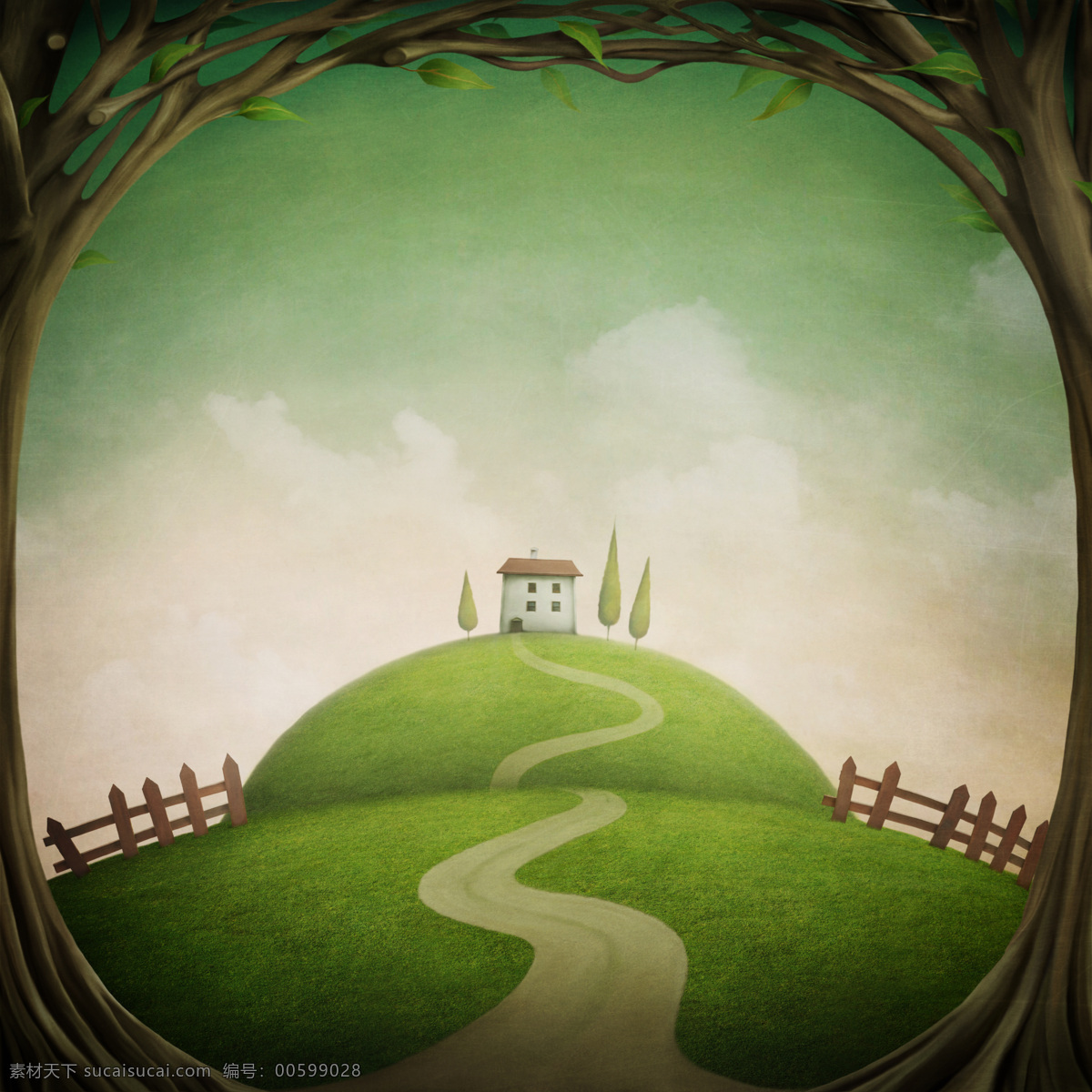 卡通 草地 房子 背景 天空 白云 道路 樹洞 手繪 兒童插畫 插畫背景 卡通背景 其他類別 生活百科 黑色