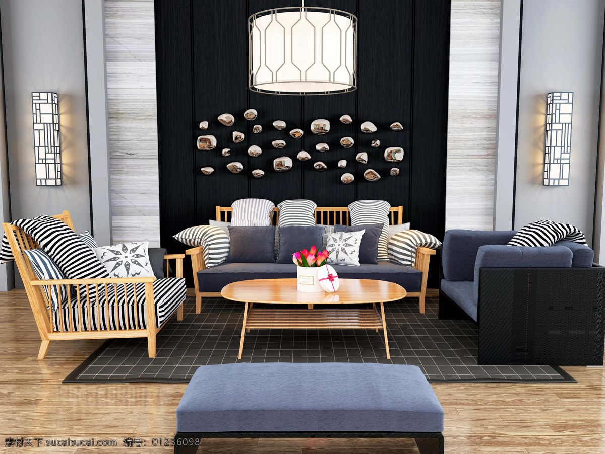 现代 简约 客厅 沙发 模型 3d 效果图 新中式