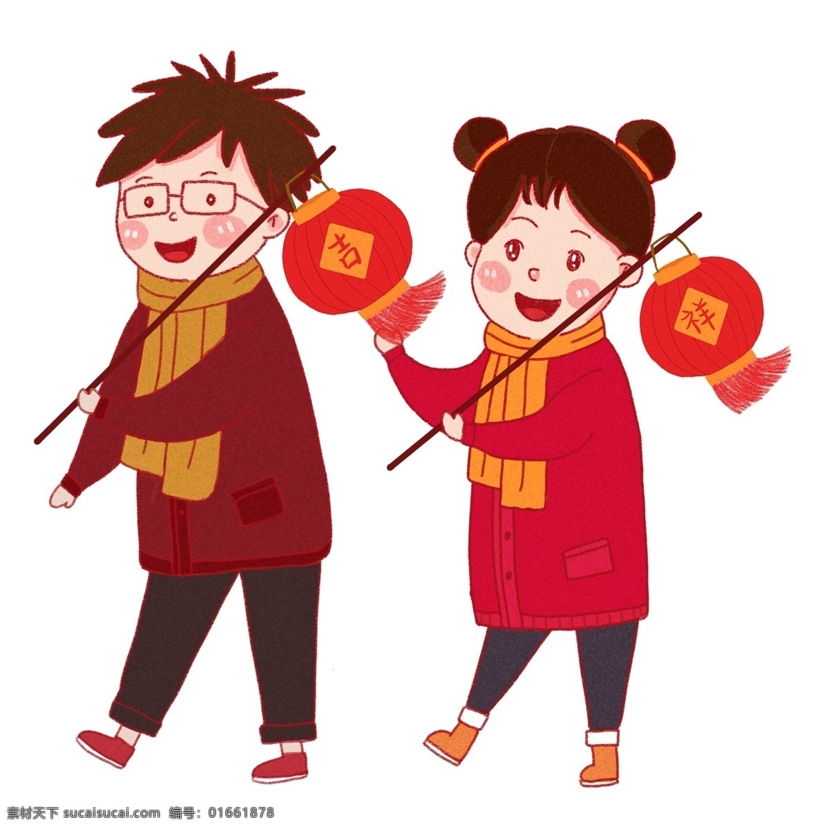 新年 2019 年 男孩 女孩 喜慶 紅色 燈籠 過年 歡慶 歡呼 卡通人物形象 裝飾畫 2019年 男孩女孩系列 紅色燈籠 中國節(jié)日 中國年 卡通風(fēng)