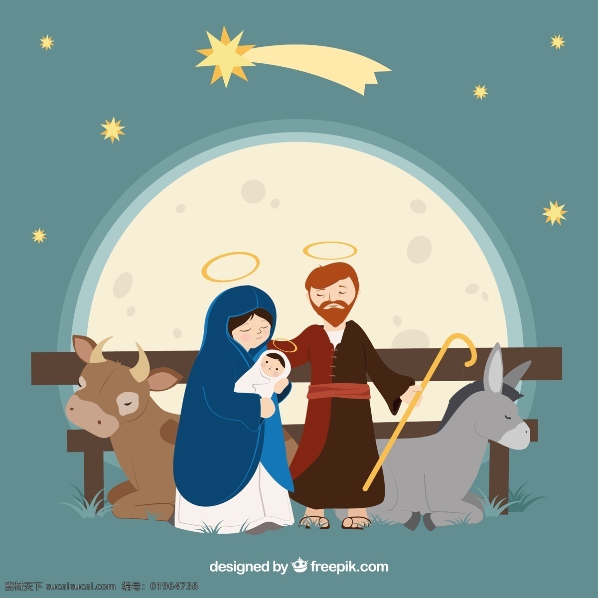 卡通 耶稣 诞生 插画 矢量 婴儿 耶稣诞生 启明星 玛丽娅 约瑟 马棚 牛 驴子 光环 月亮 矢量图...