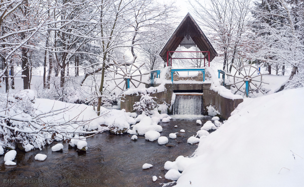 冬天 河水 雪地 雪花 橋梁 植物 房子 山水風(fēng)景 風(fēng)景圖片