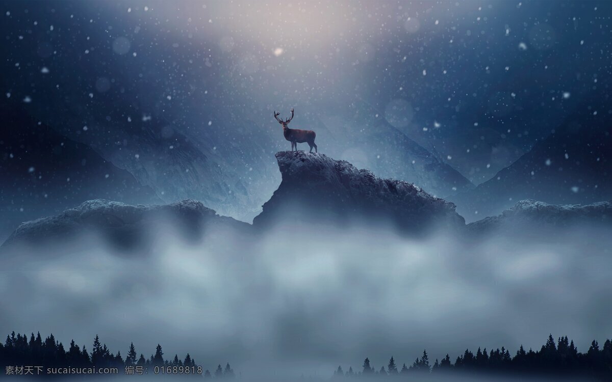 群山 麋鹿 夜色 星空 风景 自然景观 自然风景