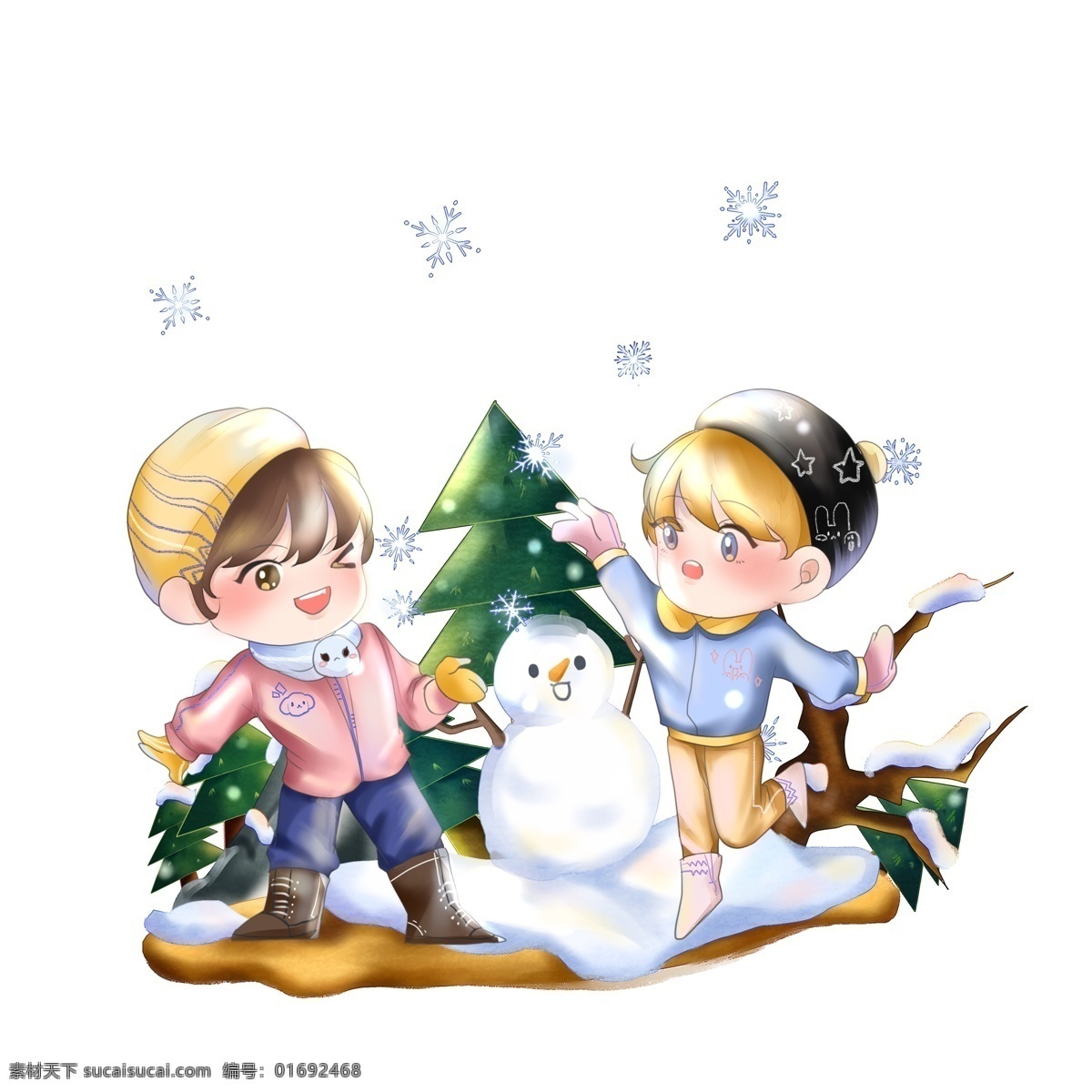 商用 小雪 站 雪 里 欣賞 雪景 人物 元素 手繪 卡通人物 雪人 裝飾圖案