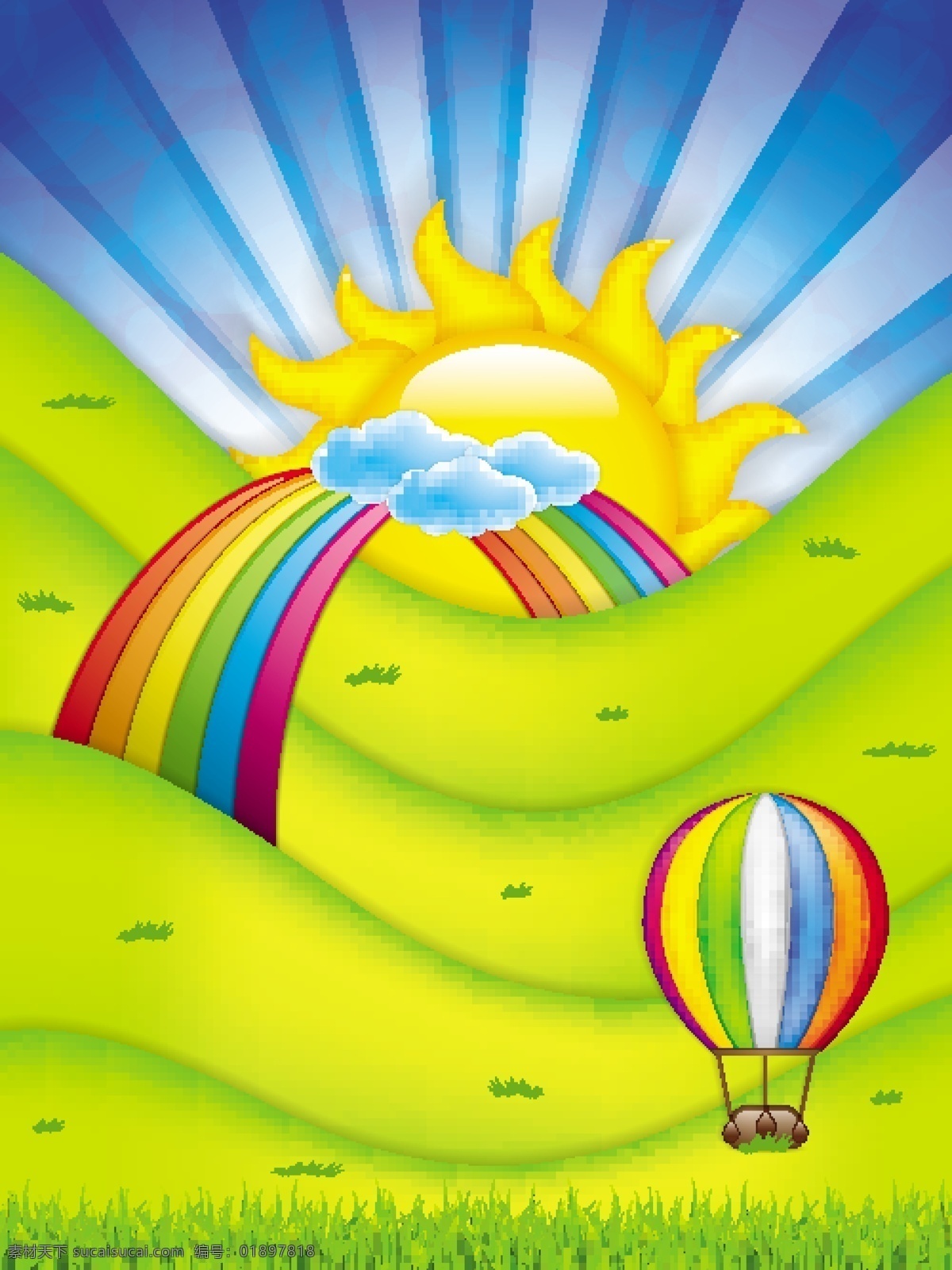 精美 夏季 卡通 太阳 插画 矢量 热气球 彩虹光效 卡通太阳 卡通风景 树木 云朵 白云 自然风光 空间 环境 黄色