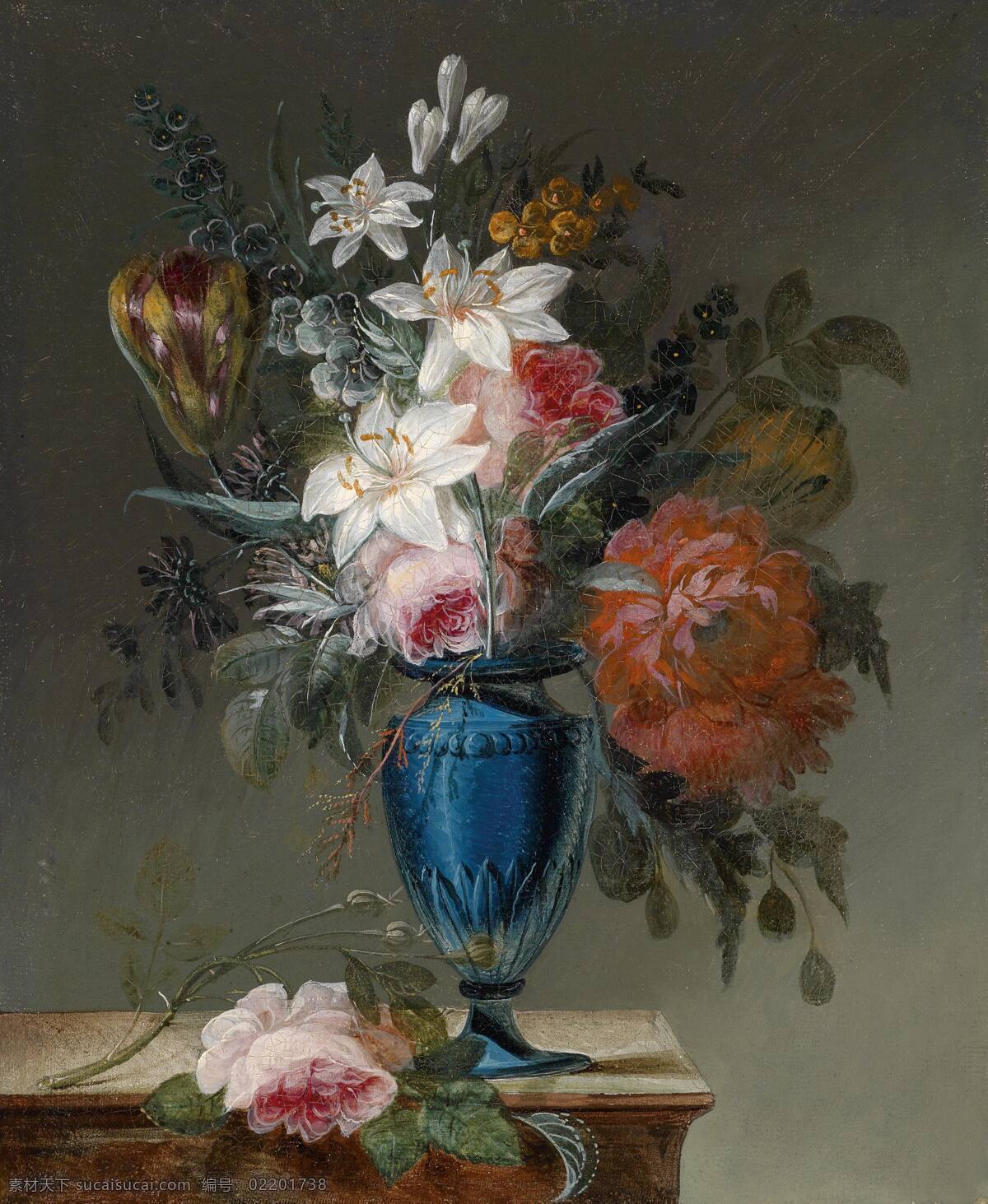 古典油画 绘画书法 文化艺术 油画 永恒之美 乔斯 弗朗索瓦 勒 里什 作品 法国画家 静物鲜花 蓝色花瓶 混搭鲜花 掉落的花朵 家居装饰素材
