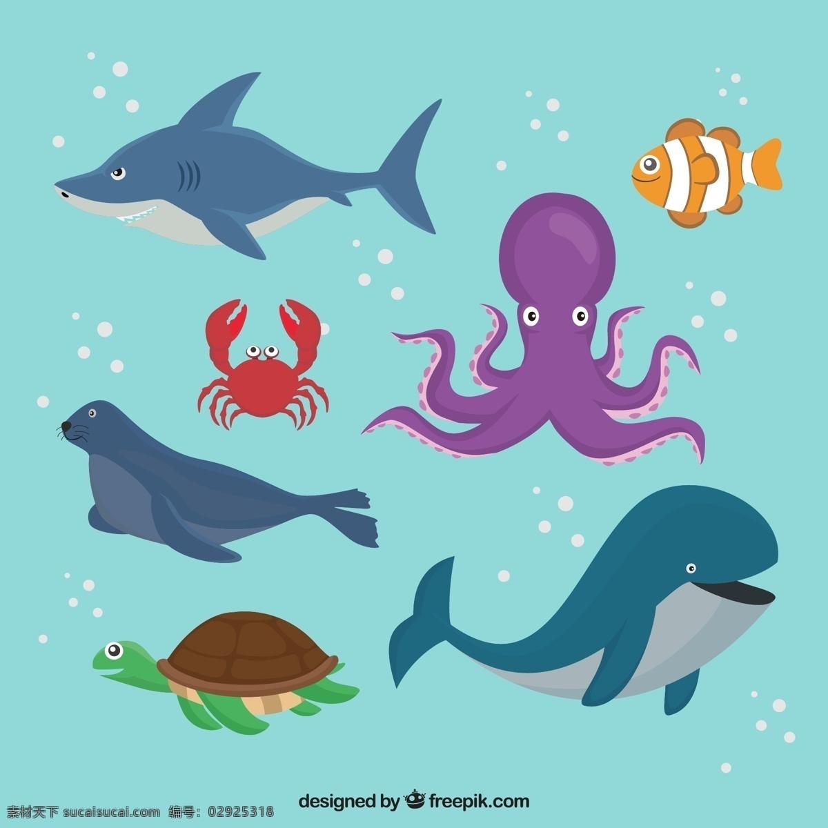 卡通 海洋 动物图片 小丑鱼 螃蟹 章鱼 海象 鲸鱼 矢量 高清图片