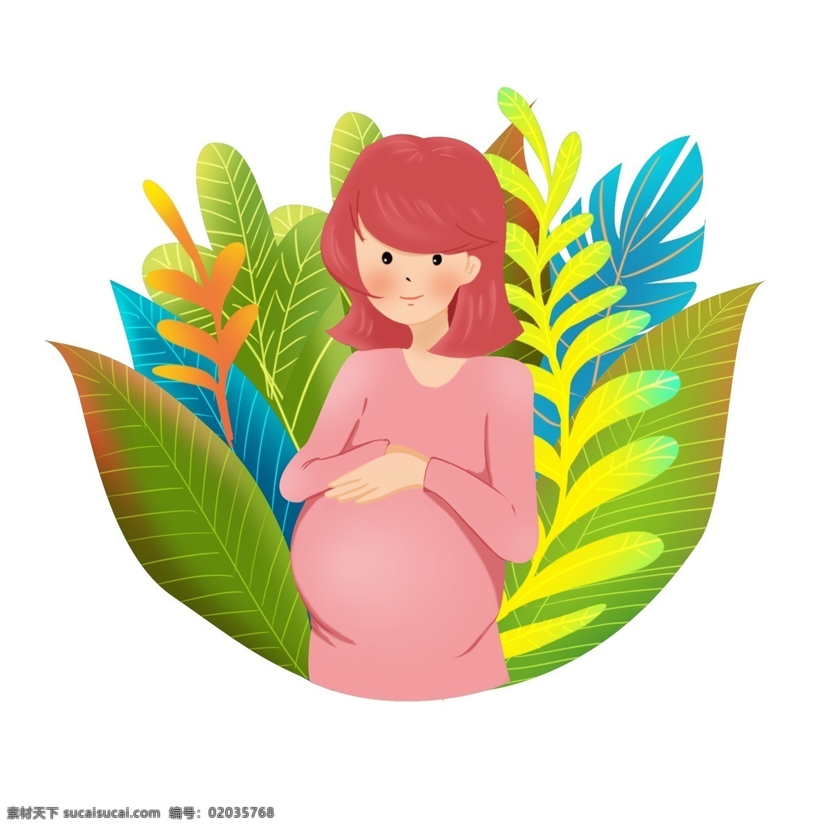 手绘 小 清新 怀孕 准妈妈 小清新 植物 绿色 粉色 母爱
