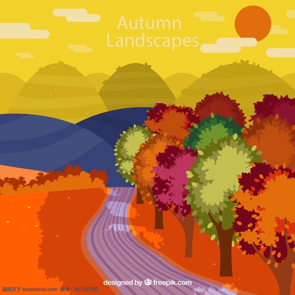 秋季 山间 道路 风景图片 田野 山坡 太阳 云朵 树木 矢量 高清图片