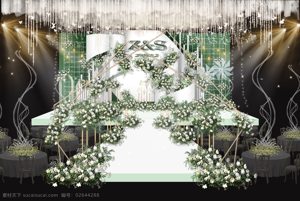 婚禮效果圖 綠色婚禮 小清新婚禮 綠色 花藝 白色花 幾何 幾何婚禮 風車 白色吊頂 綠色格子 鋼管 鐵架