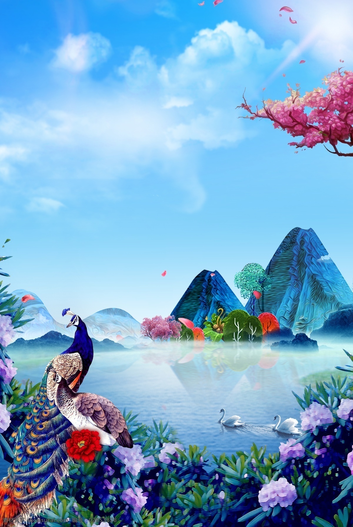 蓝色 唯美 新 中式 远山 花卉 孔雀 背景 夏季 新中式 蓝天背景 蓝天 白云 树木 湖水 地产背景