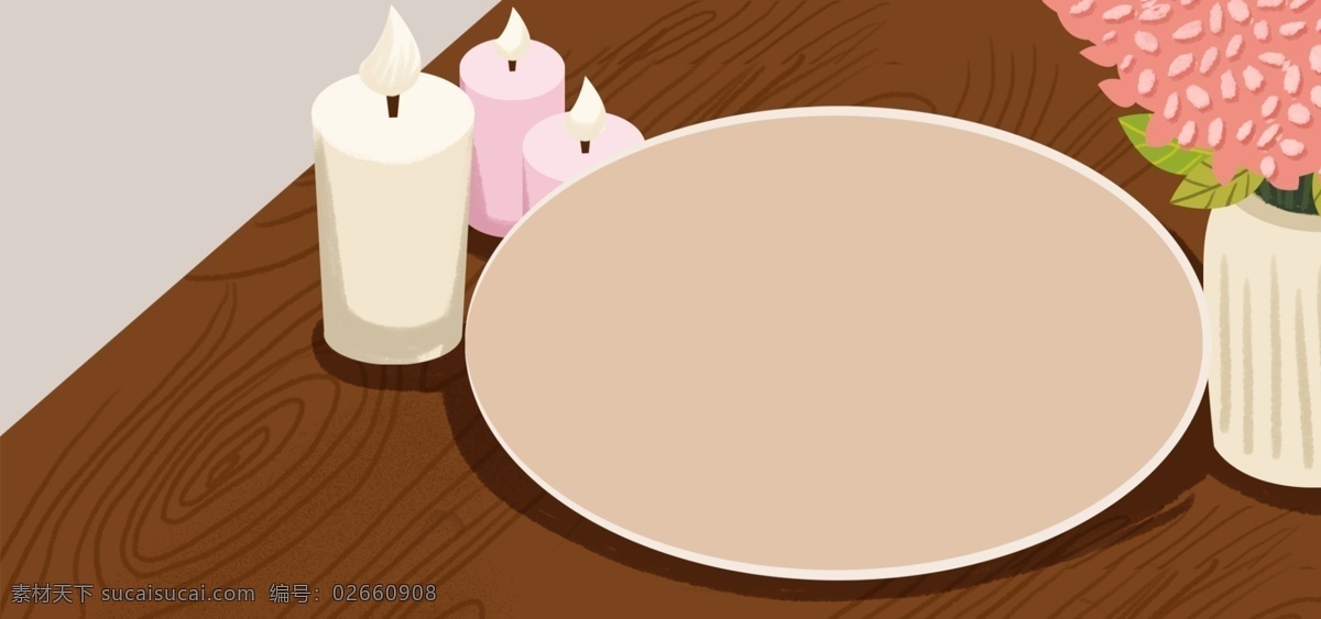 桌面 上 蜡烛 餐盘 卡通 清新 banner 木纹桌面 花瓶 花束 圆盘