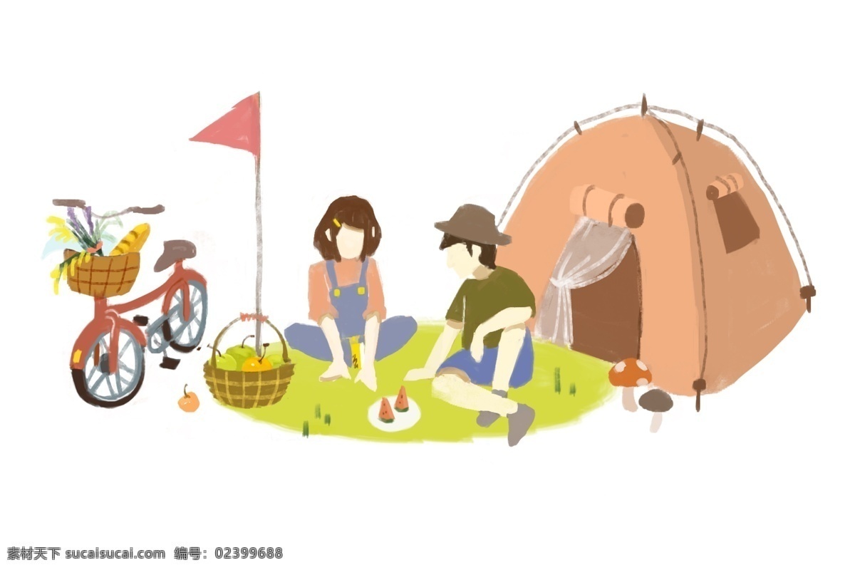 卡通 可愛 扁平 手繪 快樂 春游 男女 帳篷 草地 野餐 休息 交談 卡通可愛 卡通男女 扁平風(fēng) 春天 情侶 自行車 紅旗 水果 交流 玩耍