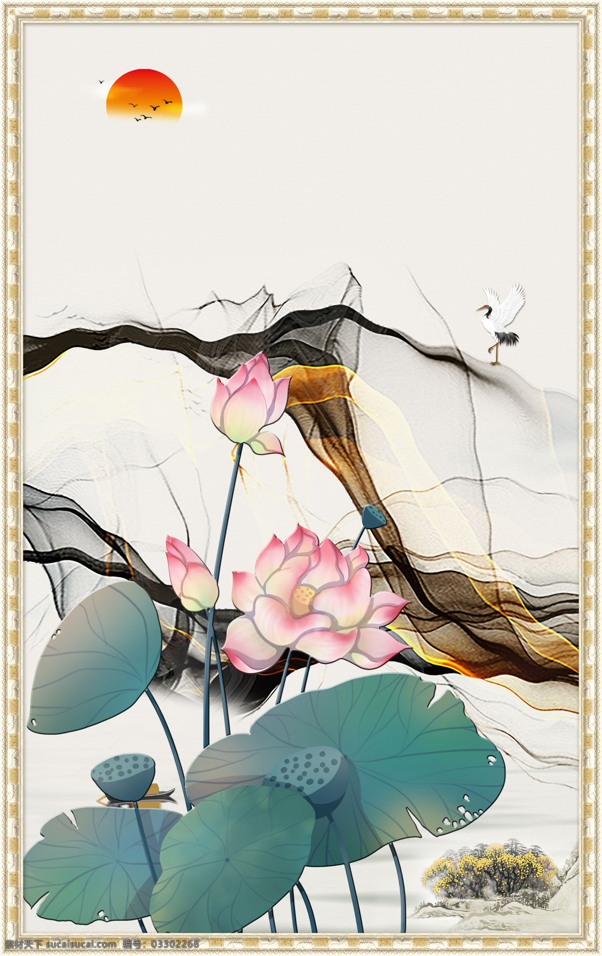荷花 荷葉 古風(fēng) 墻 畫 壁畫 素材圖片 墻畫 古風(fēng)背景