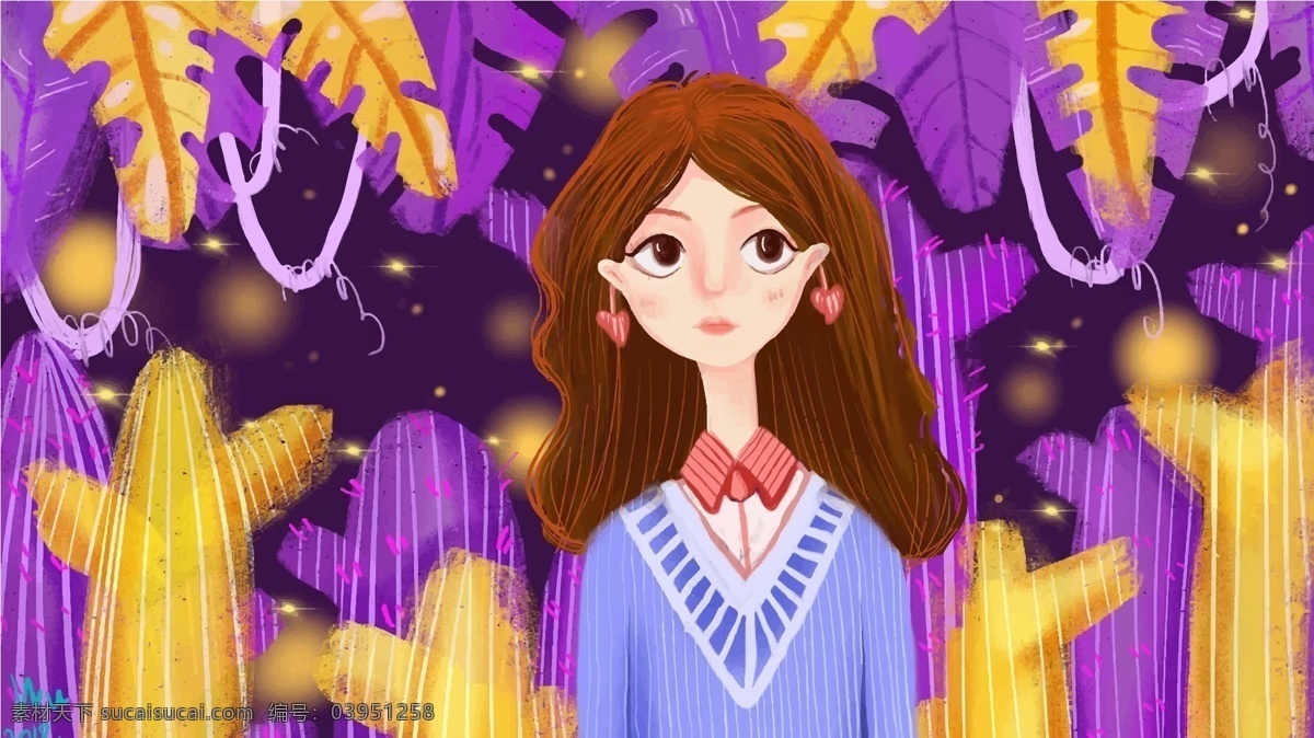 花丛 女孩 梦幻 夏季 欢乐 时光 淑女 漂亮 可爱 长发 森林 植物 萤火虫 仙人掌 呆萌 手绘 矢量 小清新 治愈系 插画 插图 海报 壁纸 背景 装饰画 手机壁纸 文章配图