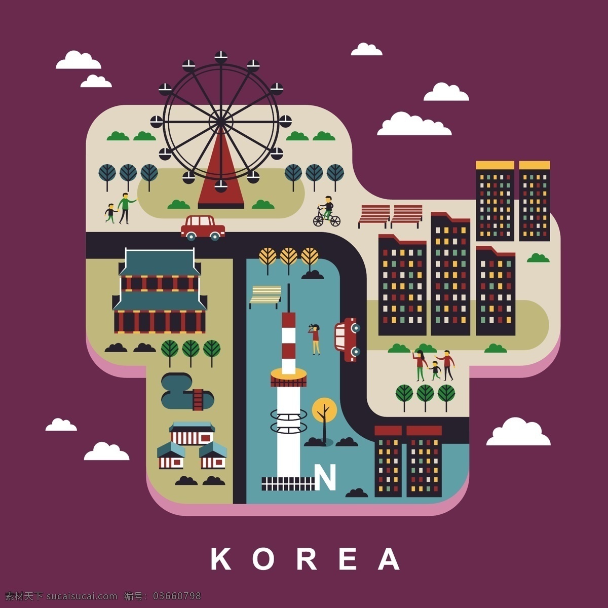 韩国 旅行 地标 建筑 手绘 地图 云朵 白云 摩天轮 创意设计 背景