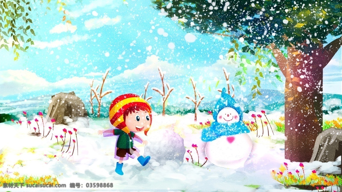 唯美 冬天 你好 大雪 小雪 堆 雪人 打雪仗 原創(chuàng) 大樹 女孩 冬天你好 堆雪人 雪球 朋友圈壁紙 電商插畫 電商主題