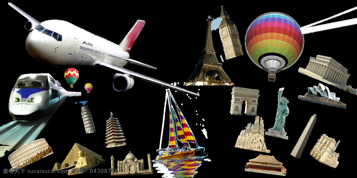 国外 名胜古迹 透明 装饰 巴黎铁塔 飞机 免扣素材 热气球 透明素材 装饰图片 自由神像