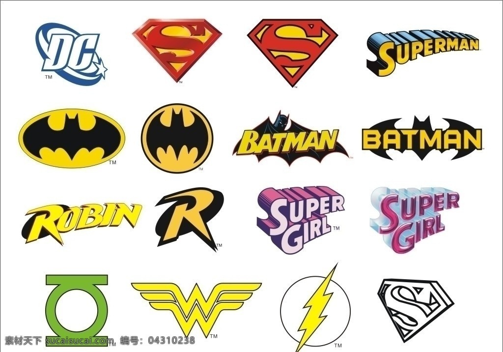 dc 漫画 超级 英雄 logo 超人 蝙蝠侠 罗宾 女超人 绿灯侠 神奇女侠 闪电侠 标志 小图标 标识标志图标 矢量