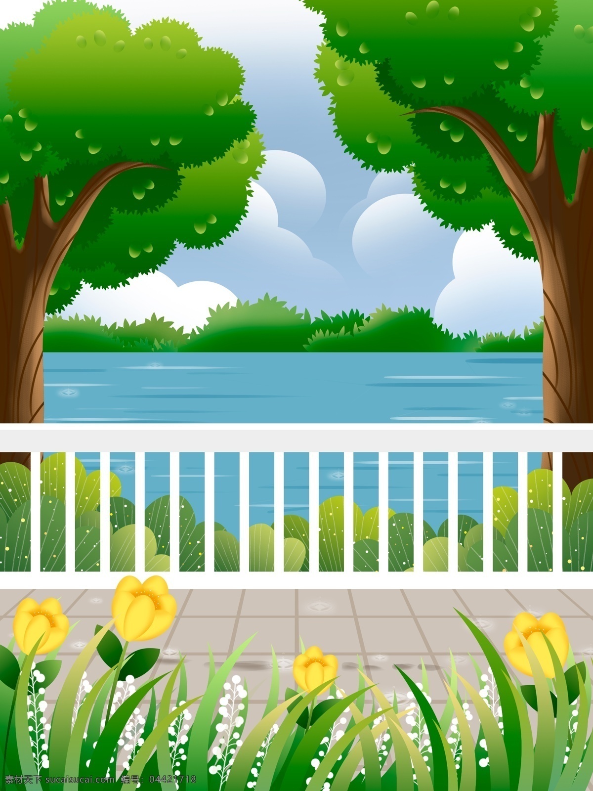 公园 湖水 树木 草地 背景 植物 卡通 彩色 创意 装饰 设计背景 海报背景 简约 图案