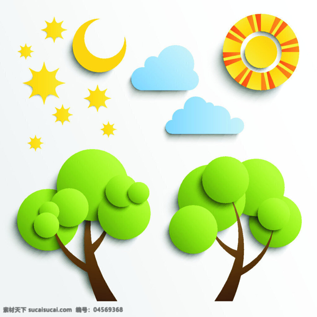 卡通樹(shù)插畫(huà) 卡通樹(shù) 卡通云 月亮 星星