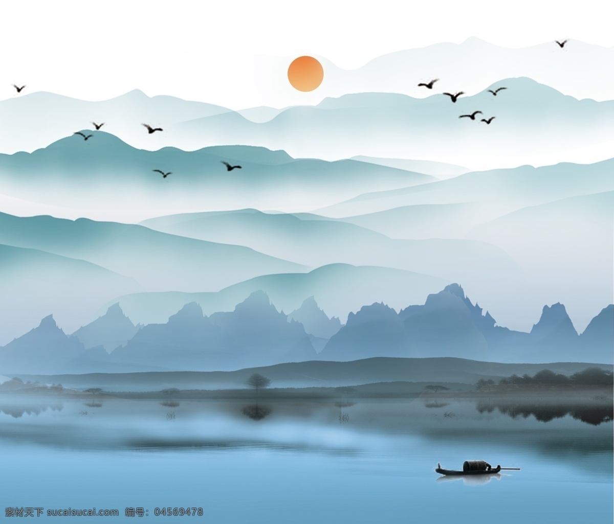 水墨畫 山 水 大雁 小船 太陽 自然景觀 自然風(fēng)光