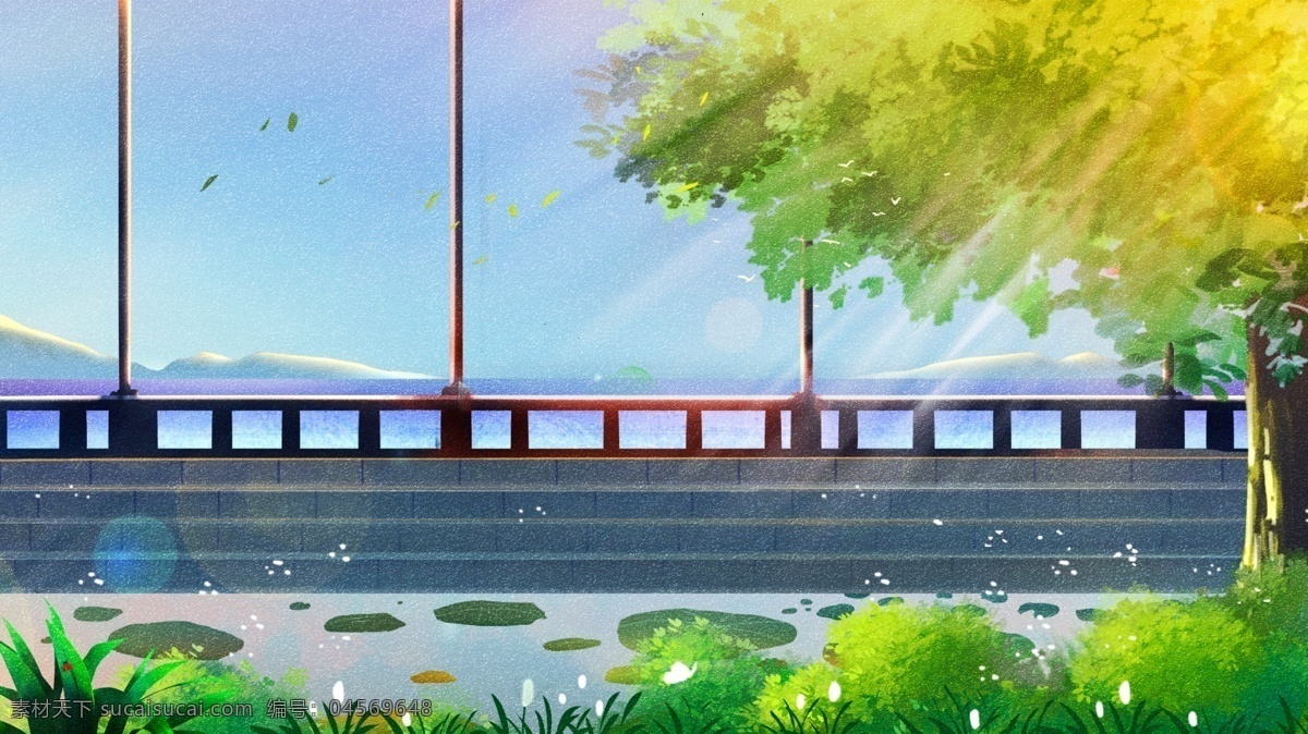 清晨 海邊 護欄 大樹 背景 清新背景 背景素材 卡通背景 手繪背景 清晨背景 手繪 插畫背景 圍欄 廣告背景 psd背景 背景展板 海邊背景