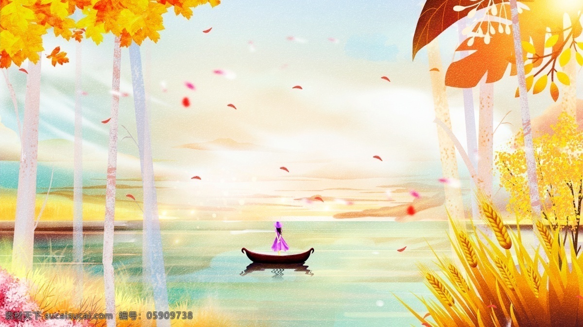 原创 手绘 插画 秋天 风景 女孩 坐坐 船 欣赏 美景 湖 秋天风景 树