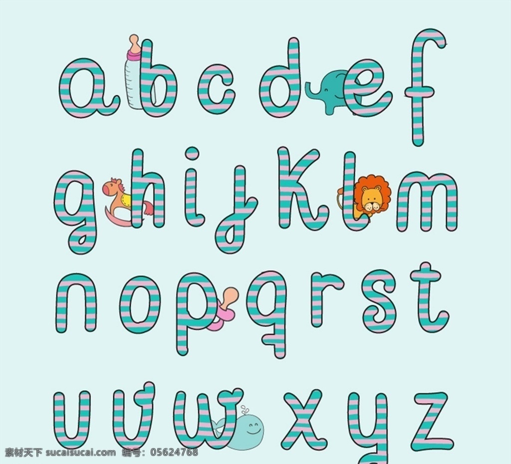 嬰兒 風格 英文 字母 藝術字 條紋 小寫 英文字母 動物 矢量 高清圖片