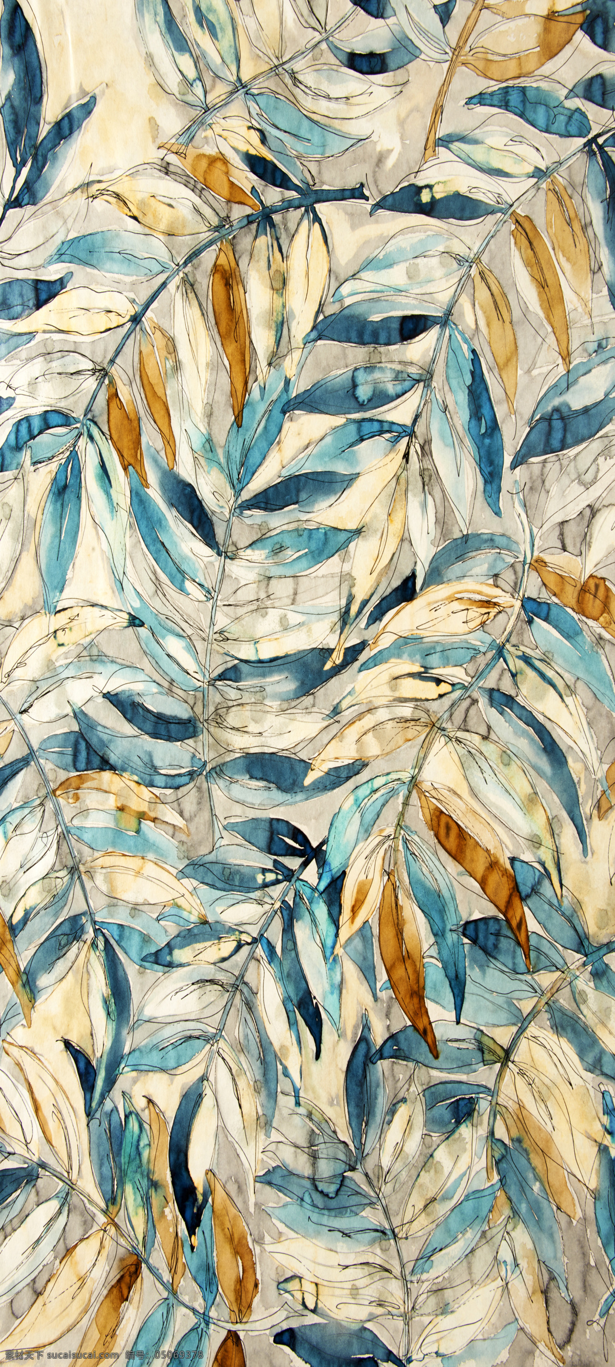欧美风格 抽象壁画 叶子图案贴 抽象 壁画 叶子 手绘 植物 涂鸦