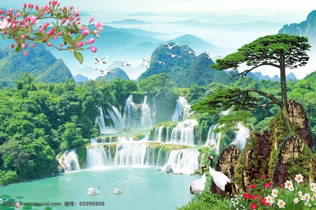 中堂畫 梅花 山水畫 迎客松 瀑布 水 分層