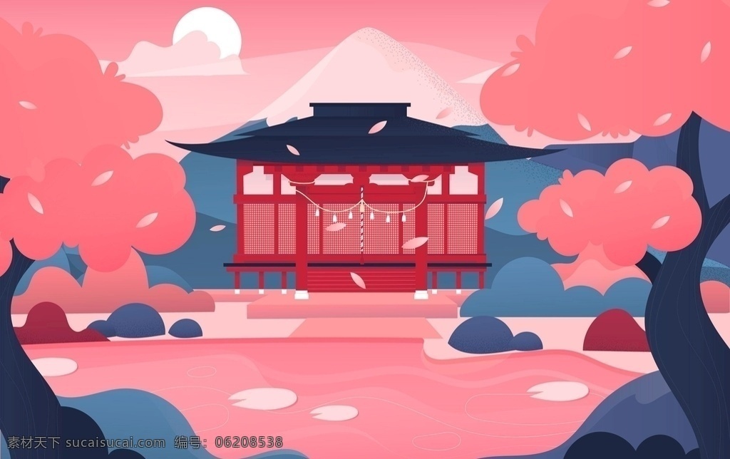 日本 风格 建筑 场景 插画 粉色 日式 清新 樱花 插图 扁平化 场景插画 日本文化 日式风格 动漫动画