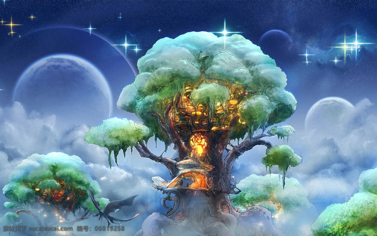 空中小屋 星空 云朵 云彩 树林 森林 童话背景 梦幻背景 童话世界 夜晚 设计风光 风景漫画 动漫动画 自然景观