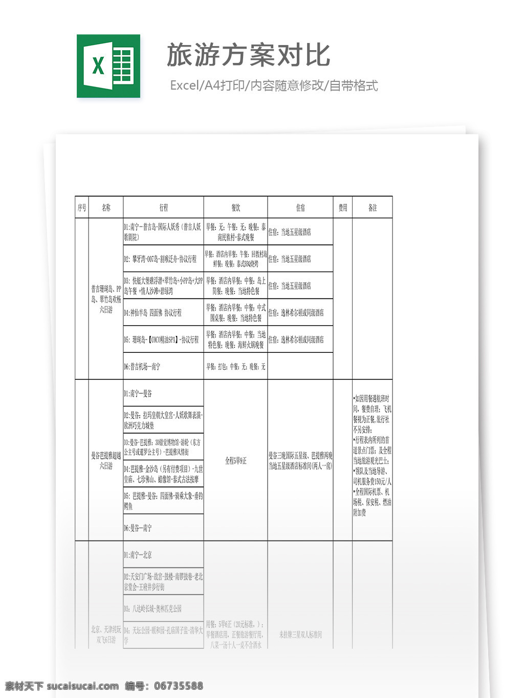 旅游 方案 项目 对比 excel 表格 模板 表格模板 表格设计 市场营销 图表