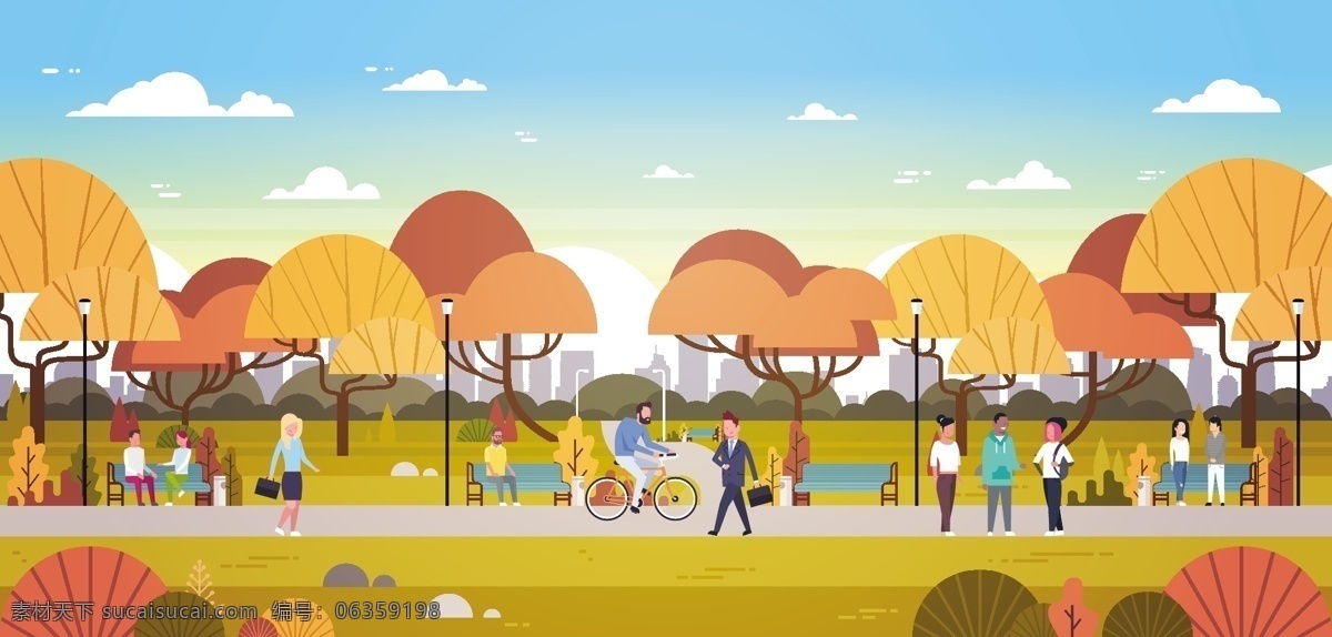公園 風(fēng)景 矢量 插畫(huà) 矢量插畫(huà) 小清新 創(chuàng)意 卡通 簡(jiǎn)約 風(fēng)景插畫(huà) 公園插畫(huà) 人物 天空 樹(shù)木 草地