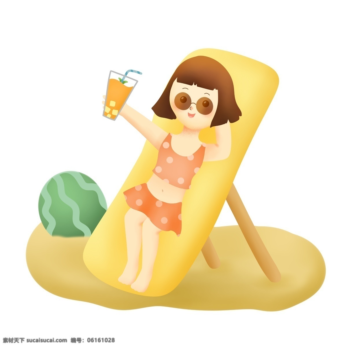 沙滩椅 上 女孩 夏日 果汁 泳衣 西瓜 夏天 度假