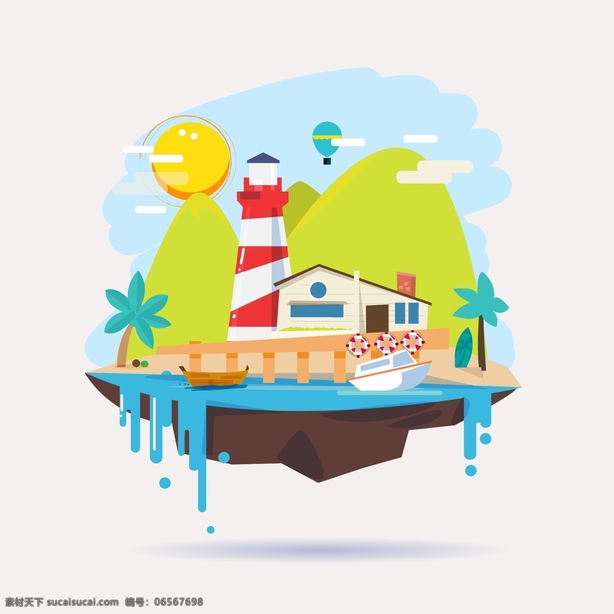 房子 灯塔 风景 插画 大海 小船 太阳 椰树