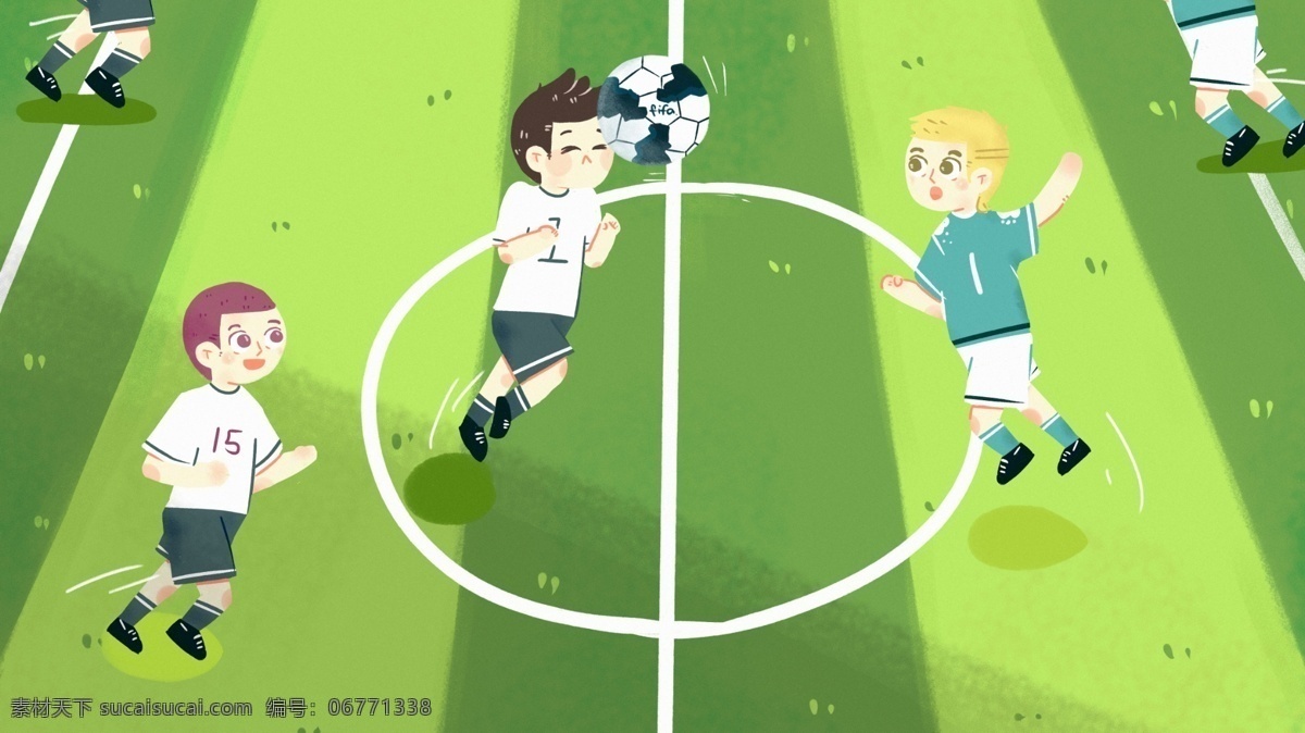 2018 俄罗斯 世界杯 手绘 插画 运动 足球 背景 页面 比赛 运动员 海报 h5 绿荫草地
